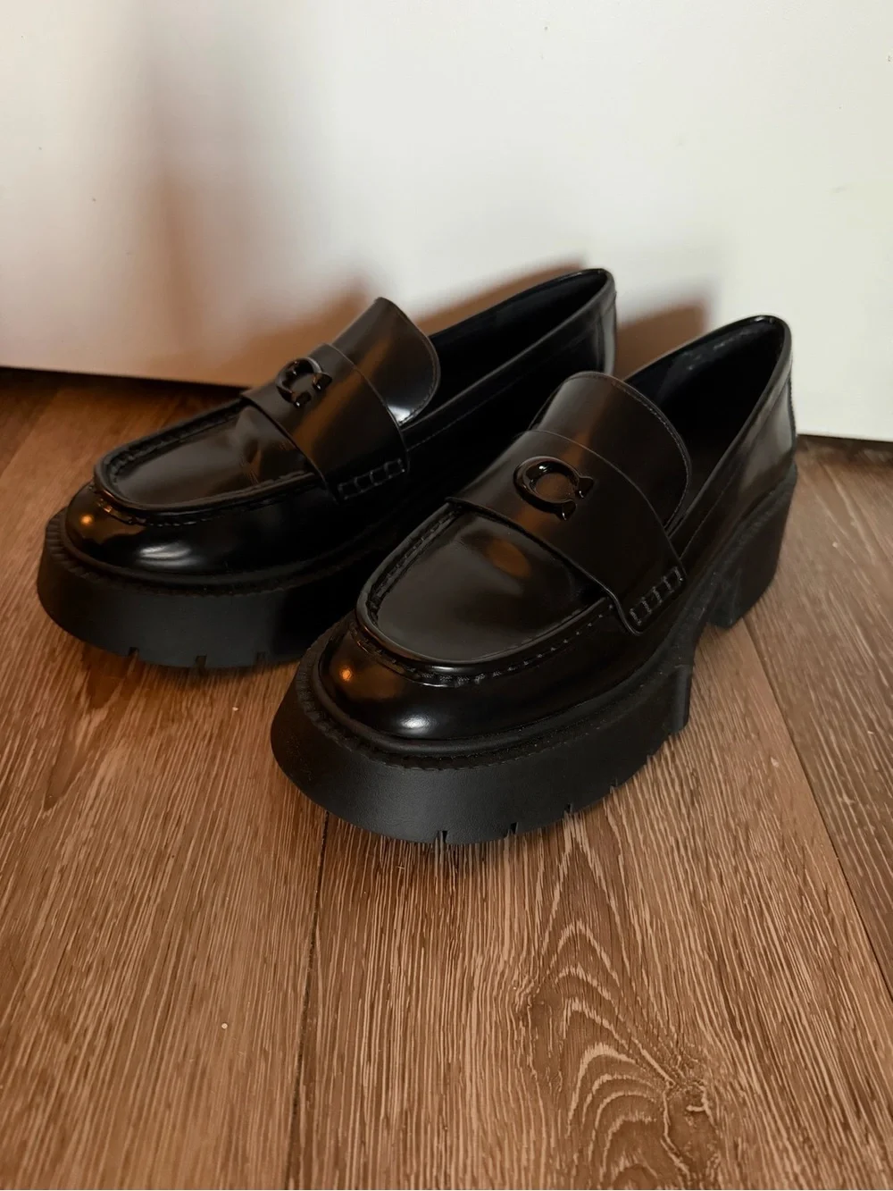 Coach Black Patent Platform Loafers with Signature Logo US8.5